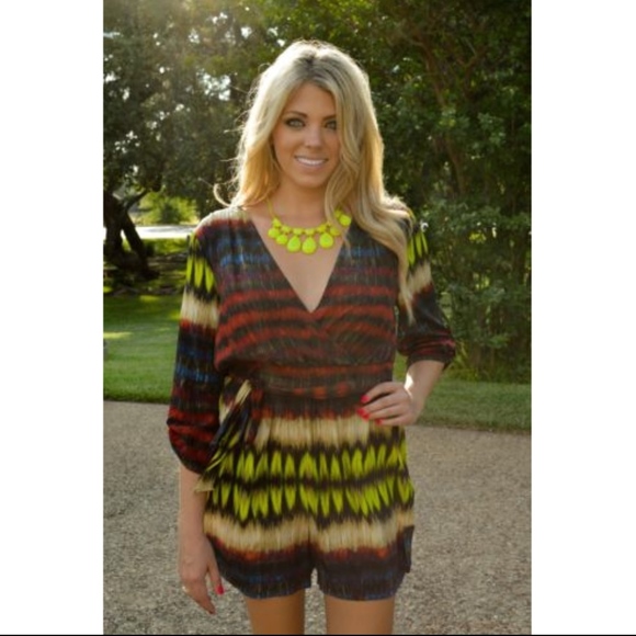 CHARLIE JADE Silk 3/4 Sleeve Short Belted Romper - Picture 1 of 7